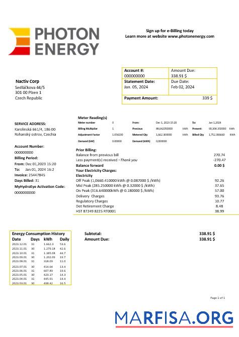 Realistic Czech Republic Photon Energy business utility bill template in Word and pdf formats